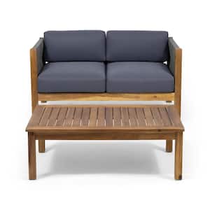 Teak Acacia Wood Outdoor Conversation Set, Loveseat with Dark Gray Cushion with Coffee Table