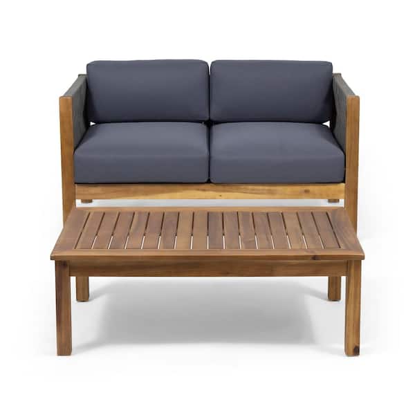 Unbranded Teak Acacia Wood Outdoor Conversation Set, Loveseat with Dark Gray Cushion with Coffee Table