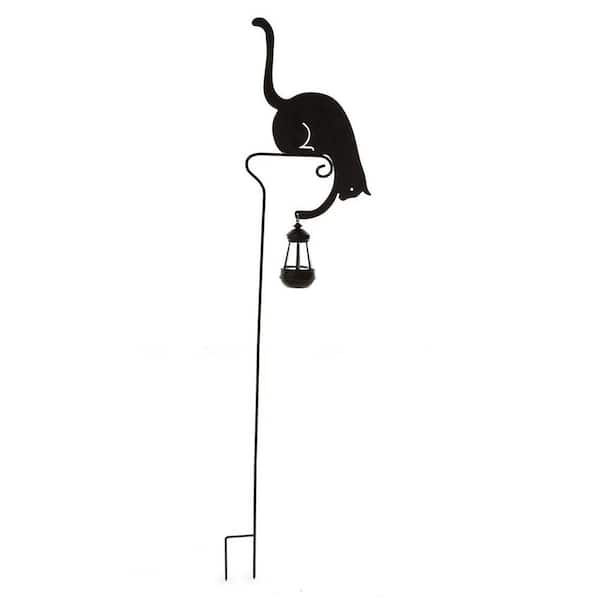 Evergreen 45 in. Black Metal Silhouette Garden Stake of Cat Holding a Solar-Powered Lantern