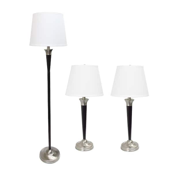 Lalia Home 58 .5 in. Malbec Black and Brushed Nickel 3 Piece Metal Lamp Set (2 Table Lamps, 1 Floor Lamp) with Cream Shades