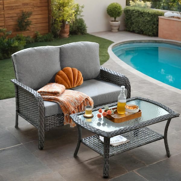 Gray Wicker 2-Piece Outdoor Loveseat Patio Loveseat Set with Dark Gray Cushions and Glass Coffee Table for Small Space