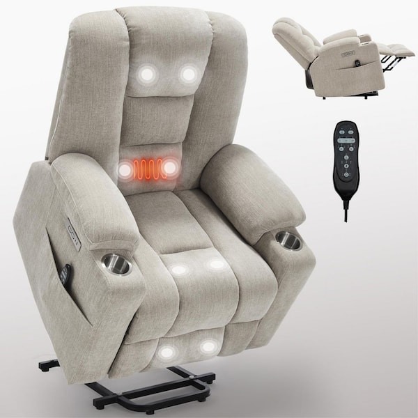 Beige Power Lift Recliner Chair with Remote Control Dual USB Ports Cup Holders Chenille Upholstery 350 lbs. Capacity