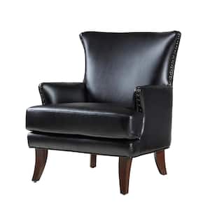 Bonnot Transitional Black Faux Leather Wingback Armchair with Nailhead Trim and T-Cushion