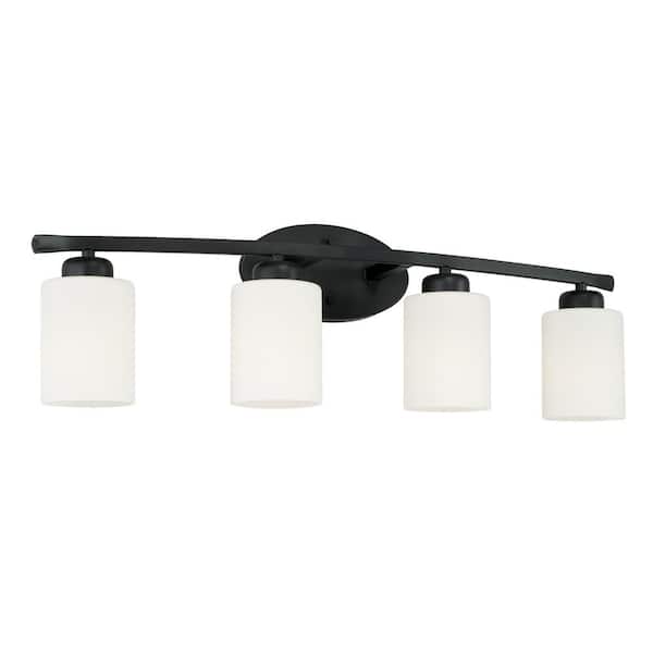 HOMEPLACE LIGHTING 28.5 in. W x 9 in. H x 7 in. E 4-Light Soft White Glass Vanity Light in Matte Black