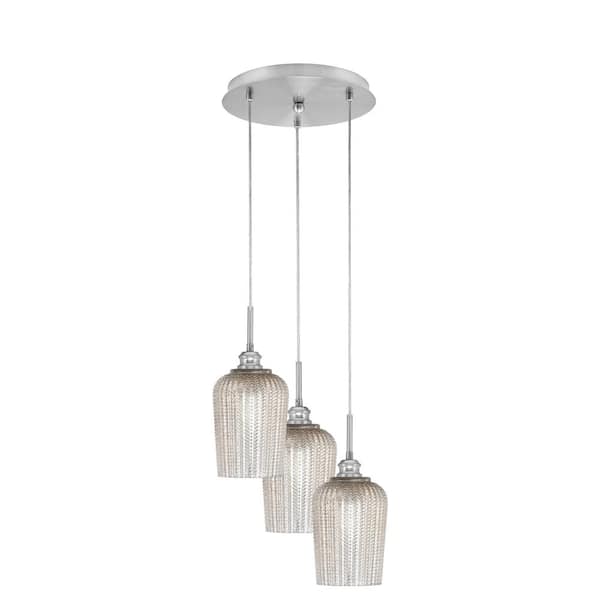 Unbranded Savannah 11 in. 3-Light Brushed Nickel Cord Pendant Light Silver Textured Glass Shade