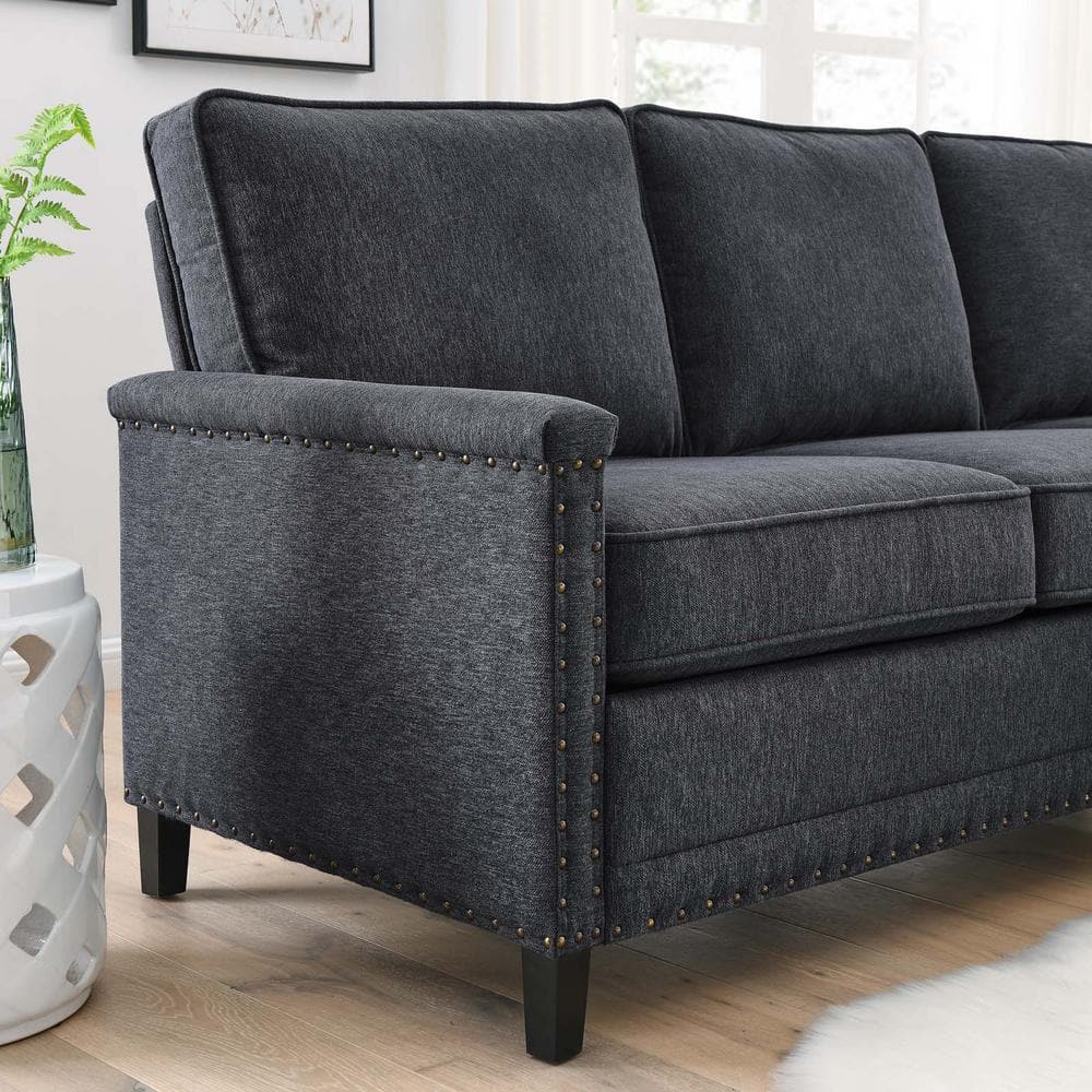 Charcoal Fabric Sectional Sofa with Nailhead Trim