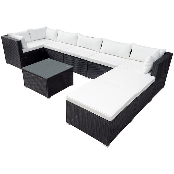 Unbranded Black 9-Pieces Wicker Outdoor Sectional Sofa Set Patio Conversation Sets with Beige Cushions and Coffee Table