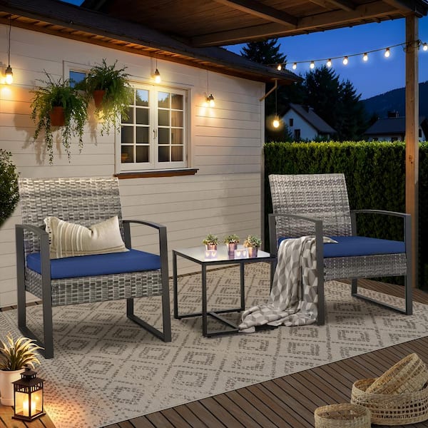 JUSKYS Gray 3-Piece Wicker Outdoor Patio Conversation Set with Navy Blue Cushions