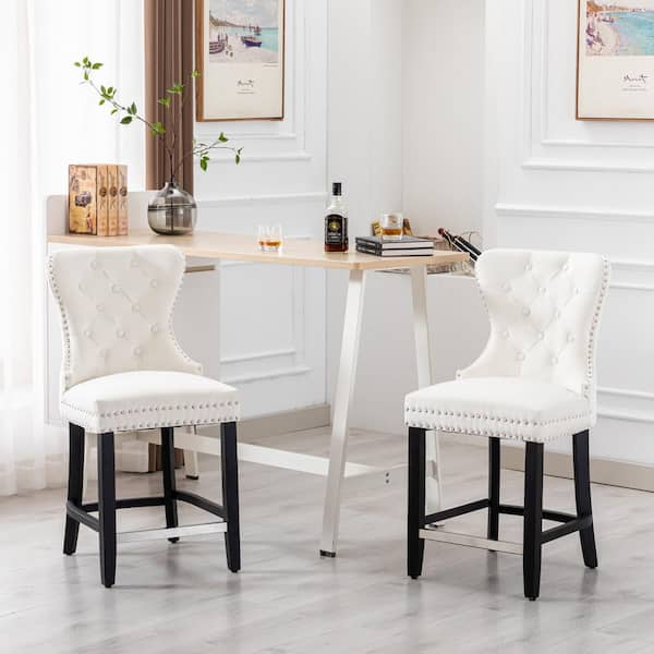 Harper 24 in. Cream Velvet Tufted Wingback Kitchen Counter Stool with Black Solid Wood Frame (Set of 2)