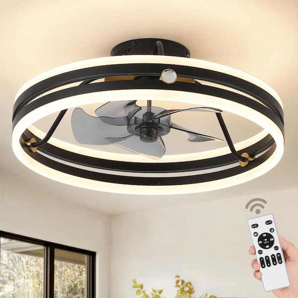 19.7 in. Black Color Changing LED Low Profile Flush Mount Ceiling Fan with Dimmable Light Remote Control