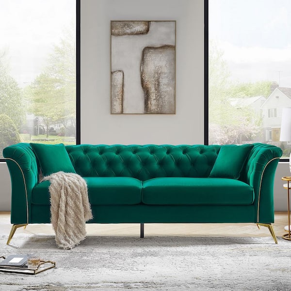 JAYDEN CREATION Taina Glam Style 87.25 in. Padded Arms Velvet Rectangular Sofa with Button Tuft in Green