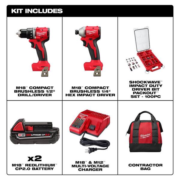 Milwaukee M18 18V Lith-Ion Brushless Cordless Compact Drill/Impact Combo Kit w/(2) 2.0 Ah Batteries, Charger & Bit Set (100-Piece)