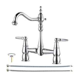 Deck Mounted Double Handle Bridge Kitchen Faucet, Bridge Basin Faucet with Hole Cover in Polished Chrome