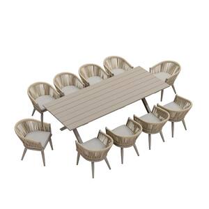 11 Piece Aluminum All-Weather PE Rattan Rectangular Outdoor Dining Set with Cushion, Champagne