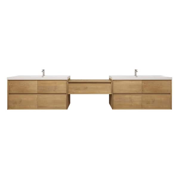 Kingdee 130 in. W x 20 in. D x 26 in. H Double Sink Middle Table Counter Bath Vanity in Teak Oak with White Acrylic Top