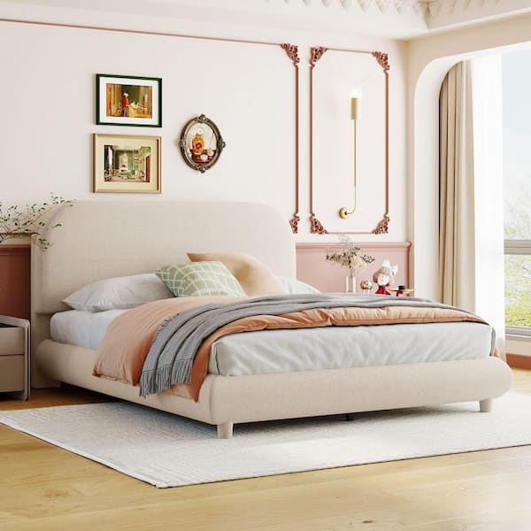 Beige Wood Frame Full Upholstered Platform Bed with Thick Fabric, Solid Frame and Stylish Curve-Shaped Design