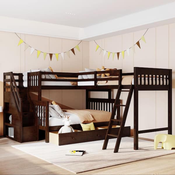 Harper & Bright Designs L-Shaped Espresso Twin-Twin Over Full Wood Bunk Bed with Built-in Storage Staircase, 3-Drawer