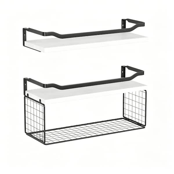 15.7-in. W x 6-in. D x 0.6-in. H White Ready-to-Assemble Floating Shelf with Wire Basket