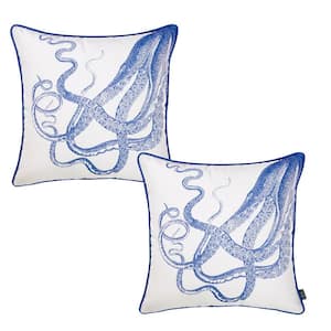 Nautical Coastal Octopus Decorative Set of 2 Throw Pillow Covers 18" in. x 18" in. Square White and Blue