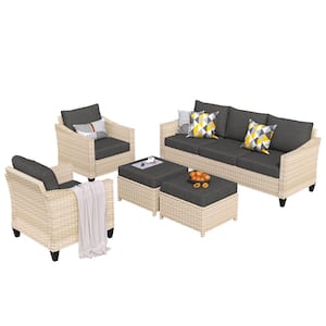 Athena Biege 5-Piece Wicker Outdoor Patio Conversation Seating Set with Black Cushions