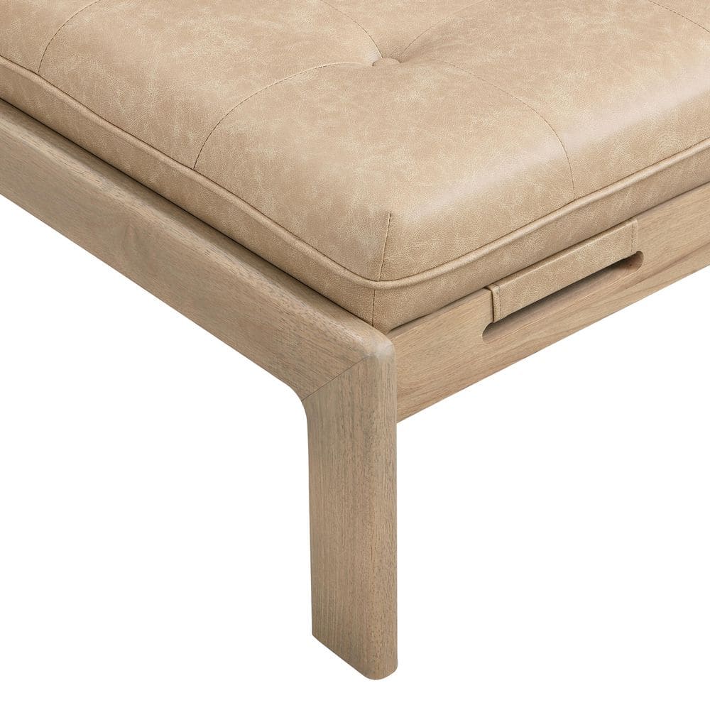 Taupe Brown Faux Leather Tufted Cocktail Ottoman with Rubberwood Base