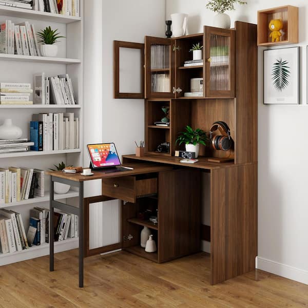 39 in. Walnut Wood 1-Drawer Computer Desk with 90 ° Rotating