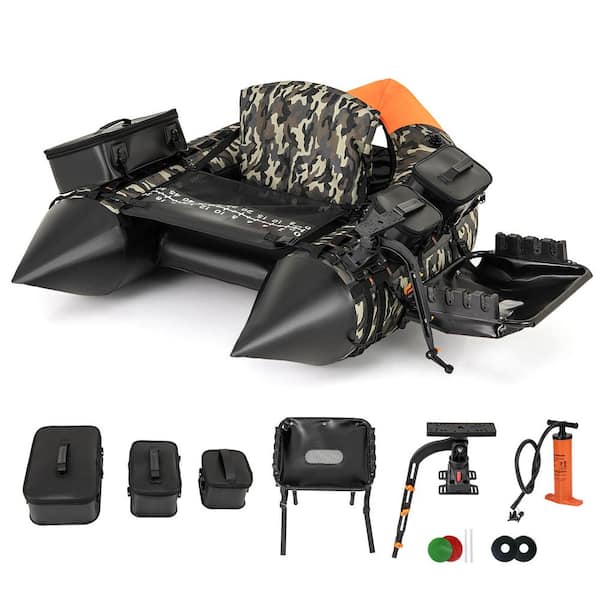 Costway Camouflage Inflatable Fishing Float Tube Portable Fishing Boat with 3 Detachable Storage Boxes