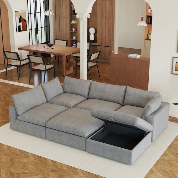 157 in. Square Arm 6-Piece Linen U-shaped Sectional Sofa Cloud Couch in Gray with Storage Ottomans