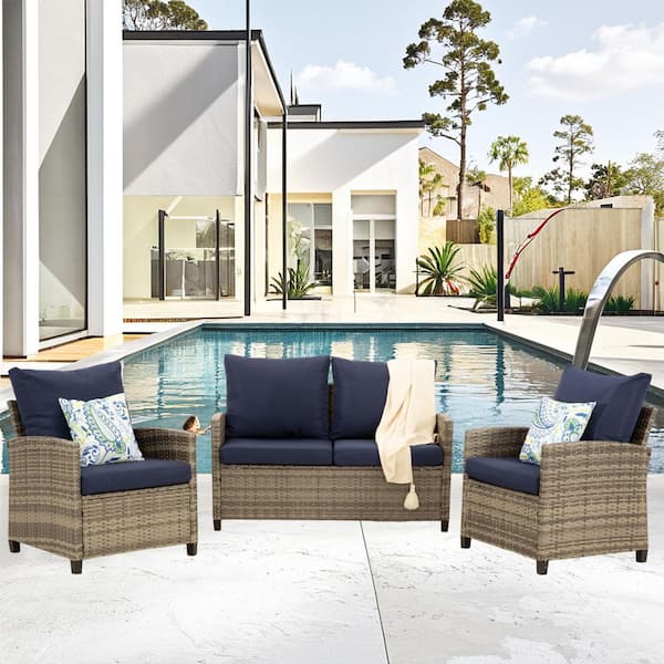 4-Piece Wicker Patio Conversation Set with Blue Cushions, 1-Love-Seat, 2-Single Sofas