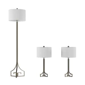 28.75 in. Table and 64 in. Floor Lamp Sets, Antique Silver with Ivory Shades, Greek Key and Modern-Lights (Set of 3)