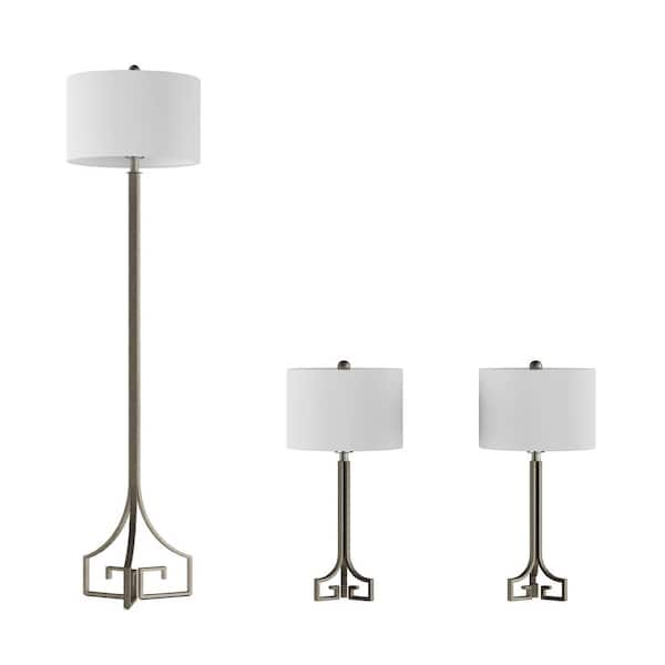 Lavish Home 28.75 in. Table and 64 in. Floor Lamp Sets, Antique Silver with Ivory Shades, Greek Key and Modern-Lights (Set of 3)