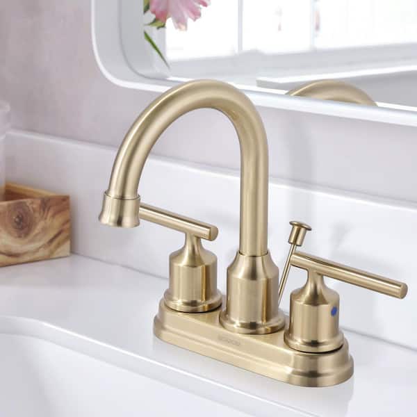 4 in. Centerset Double-Handle High Arc Bathroom Faucet with Drain Kit Included in Brushed Gold
