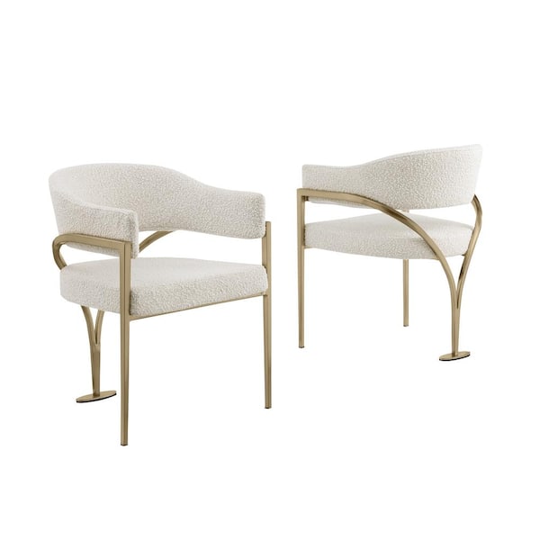 Best Quality Furniture Rory Cream Boucle Fabric Dining Chair Set of 2 with Gold Chrome Base