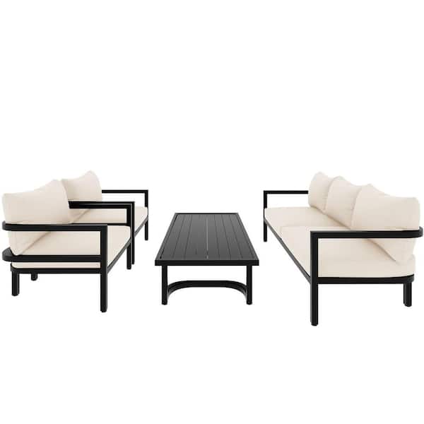 Zeus & Ruta 4-Piece Metal Frame Patio Conversation Sofa Set with Beige Cushions and Table for Gardens, Backyard and Lawns
