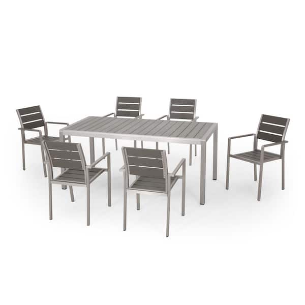 Noble House Cape Coral Silver 7-Piece Metal Rectangular Outdoor Dining Set