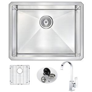 VANGUARD Undermount Stainless Steel 23 in. Single Bowl Kitchen Sink and Faucet Set with Opus Faucet in Brushed Satin