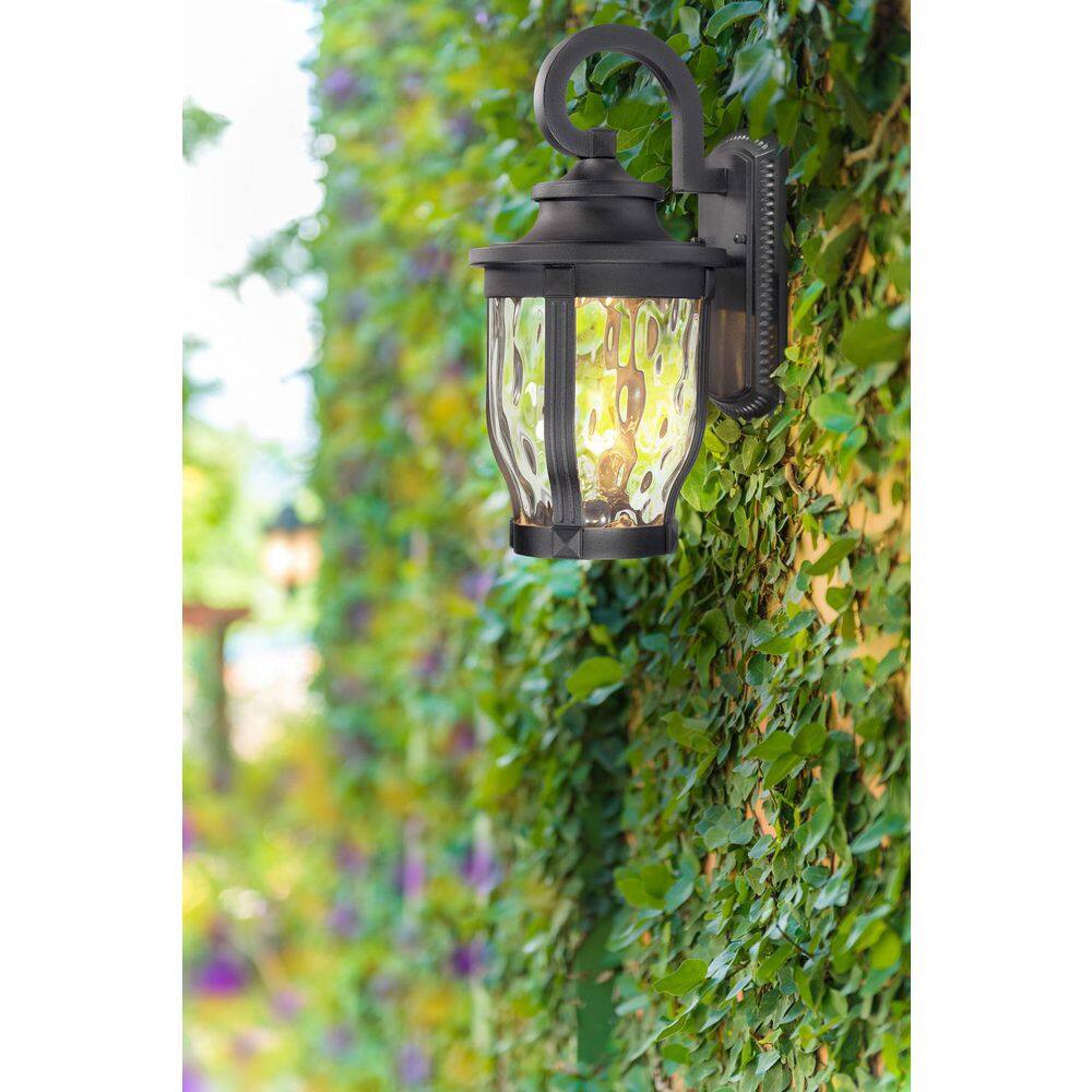 Black Aluminum LED Outdoor Wall Lantern with Clear Hammered Glass