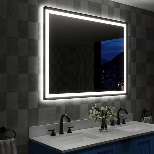 ANGELES HOME 48 in. W x 36 in. H Rectangular Aluminum Framed Backlit Front Light Slope Wall LED Bathroom Vanity Mirror in Matte Black
