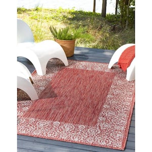 Outdoor Floral Border Rust Red 7 ft. x 10 ft. Area Rug