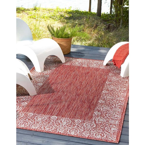 Outdoor Floral Border Rust Red 6 ft. x 9 ft. Area Rug