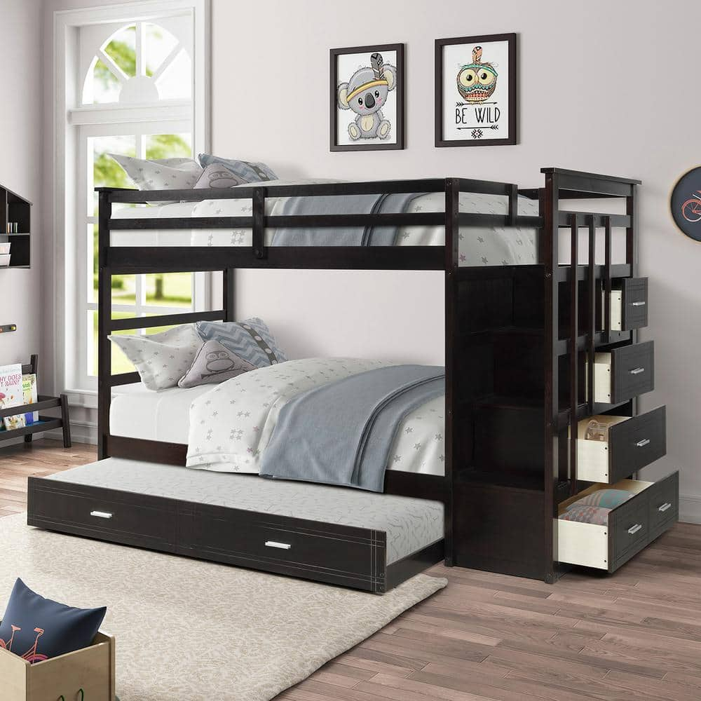 Espresso Twin Bunk Bed with Twin Trundle and 4 Drawers, Wood Kids Bunk ...