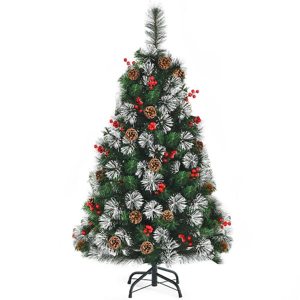 Costway 4 ft. Snowy Artificial Christmas Tree Pre-Decorated with Pine Cones and Red Berries