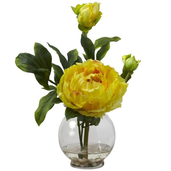 Nearly Natural 13.5 in. Artificial H Yellow Peony with Fluted Vase Silk Flower Arrangement