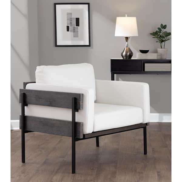 Kari White Faux Leather, Grey Wood and Black Metal Arm Chair