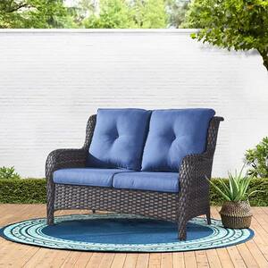 Carolina Brown Wicker Outdoor Loveseat with CushionGuard Blue Cushions