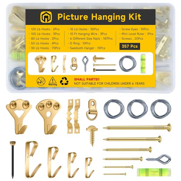 357-Piece Picture Hanging Kit, Heavy-Duty Hooks 10-120 lbs. with Hangers, Wire and Level