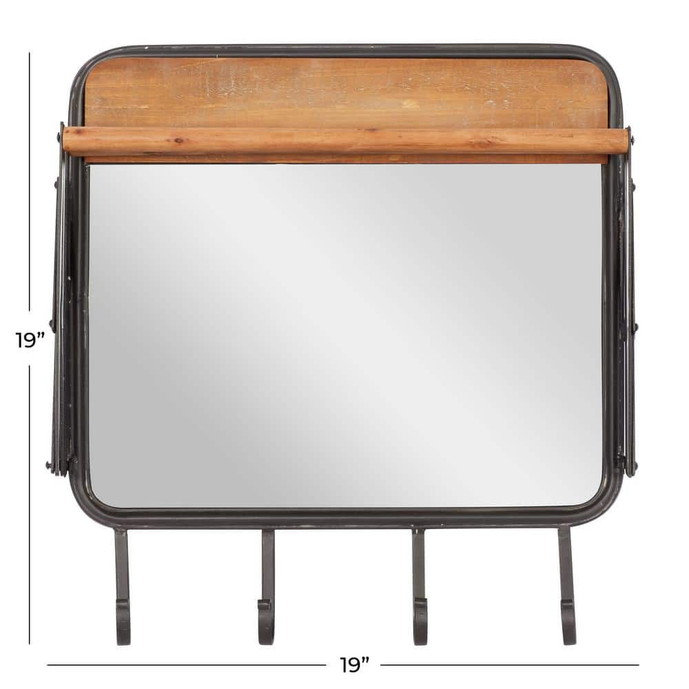 Industrial Brown Metal and Wood Wall Hook with Mirror