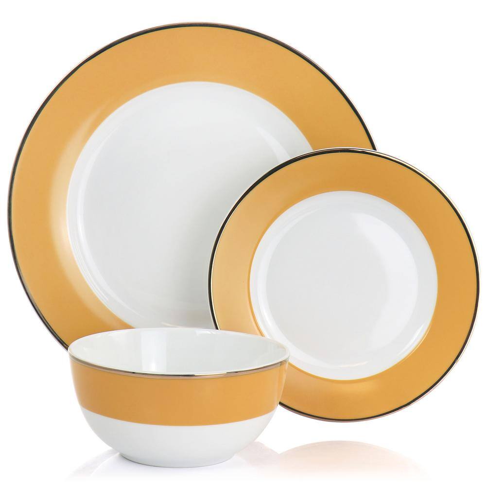 Yellow Ceramic 12-Piece Dinnerware Set with Gold Rim