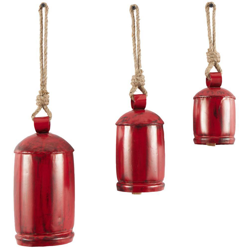 Litton Lane Gold Metal Tibetan Inspired String Hanging Cylindrical Decorative Cow Bells with 6 Bells on Jute Hanging Rope
