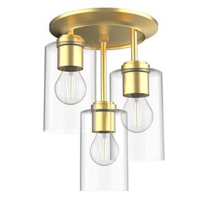 8.75 in. 3-Light Gold Farmhouse Semi-Flush Mount with Shade and No Bulbs Included
